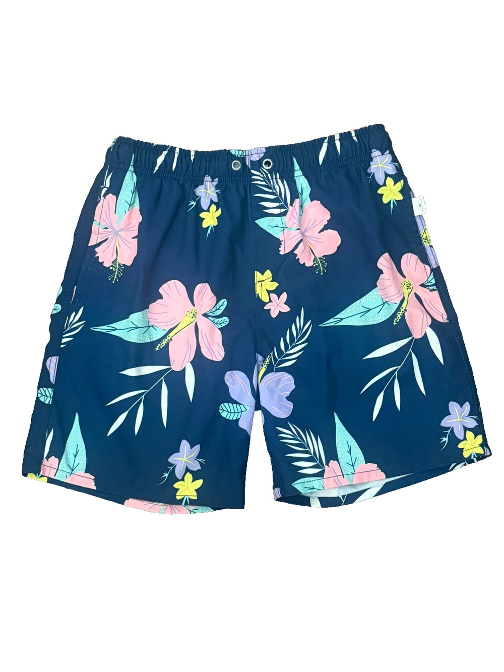 Vintage Summer Navy Blue Floral Youth Boys Swim Trunks Mesh Lining Drawstring 14